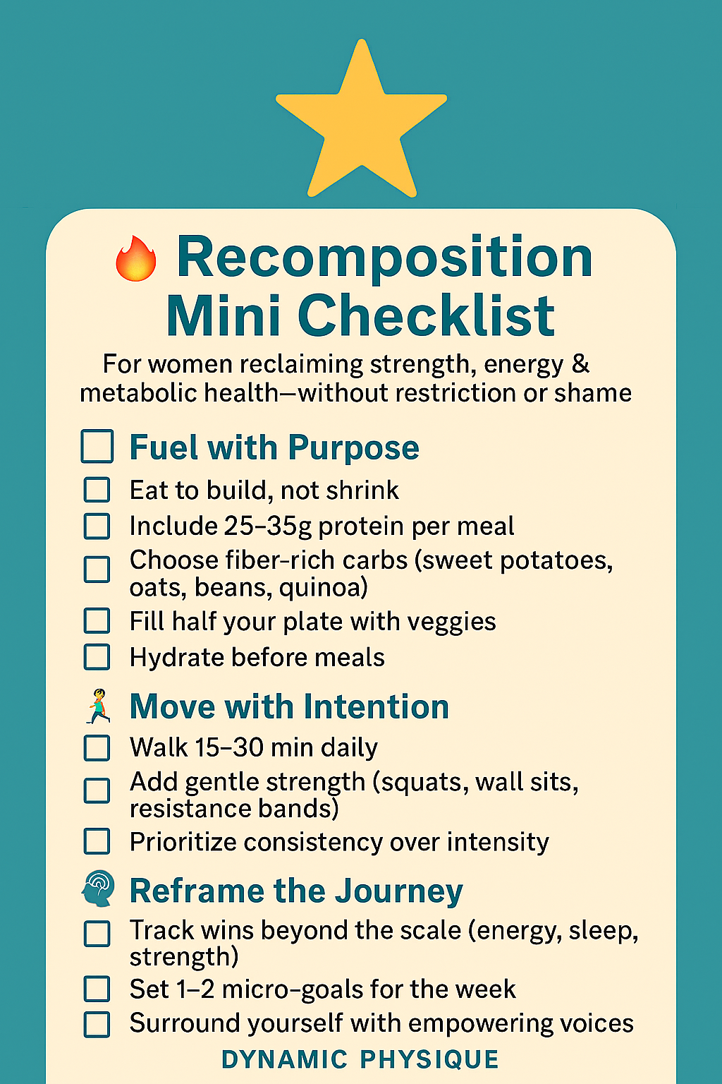 🌟 Recomposition Mini Checklist: For women reclaiming strength, energy & metabolic health—without restriction or shame